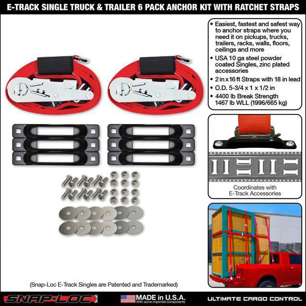 SizeNAP-LOC E-Track Sizeingle Truck Trailer 6-Pack Tie-Down Anchor Kit with 2 in x 16 ft Ratchet Sizetraps 4,400 lb