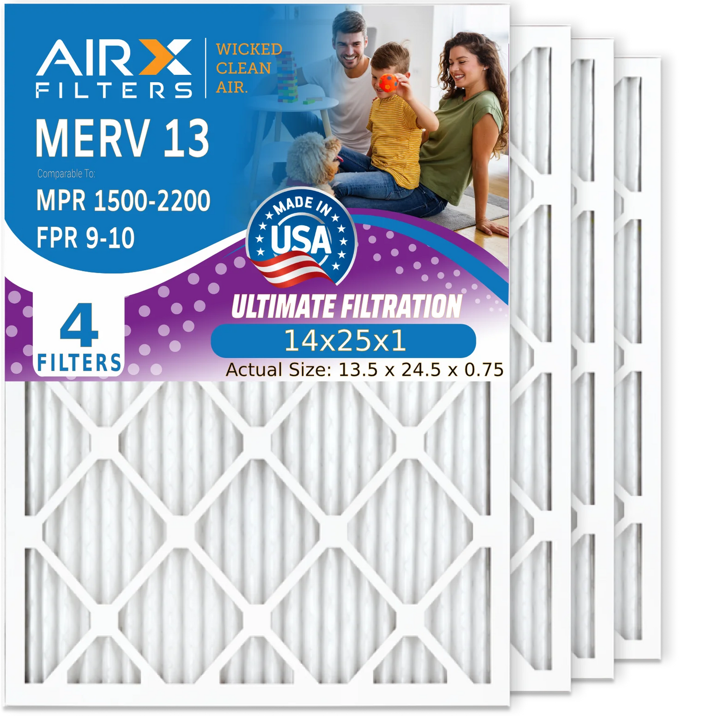 14x25x1 Air Filter MERV 13 Comparable to MPR 1500 - 2200 & FPR 9 Electrostatic Pleated Air Conditioner Filter 4 Pack HVAC AC Premium USizeA Made 14x25x1 Furnace Filters by AIRX FILTERSize WICKED CLEAN AIR.