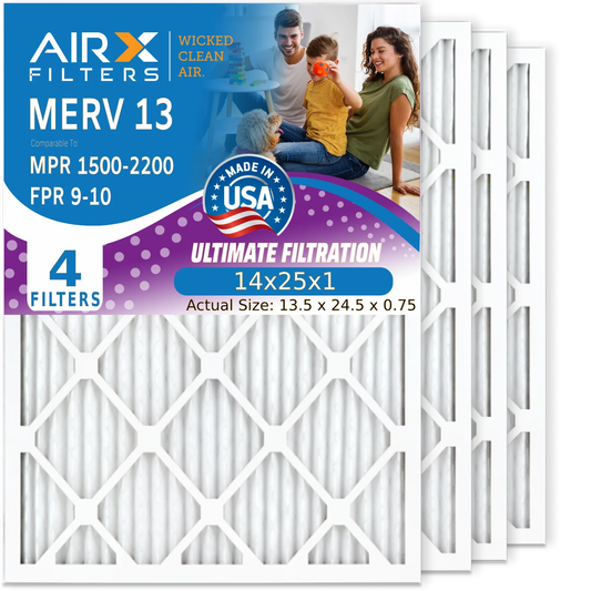 14x25x1 Air Filter MERV 13 Comparable to MPR 1500 - 2200 & FPR 9 Electrostatic Pleated Air Conditioner Filter 4 Pack HVAC AC Premium USizeA Made 14x25x1 Furnace Filters by AIRX FILTERSize WICKED CLEAN AIR.