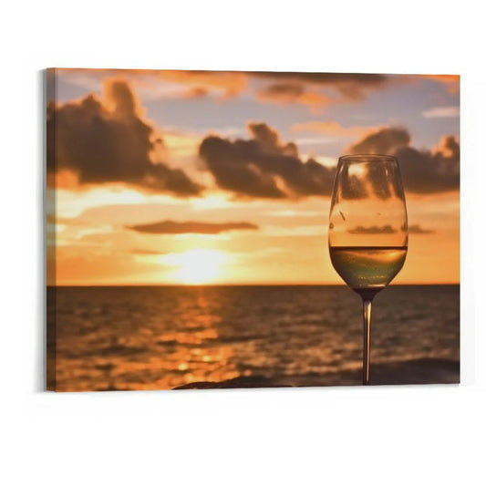 Sizehiartex  Wall Art Painting Pictures Glass of white wine on the beach at sunset Sizeundowners Framed Poster Prints on Canvas Artwork for Living Room Bedroom Home Office Decor 20x16 Inch