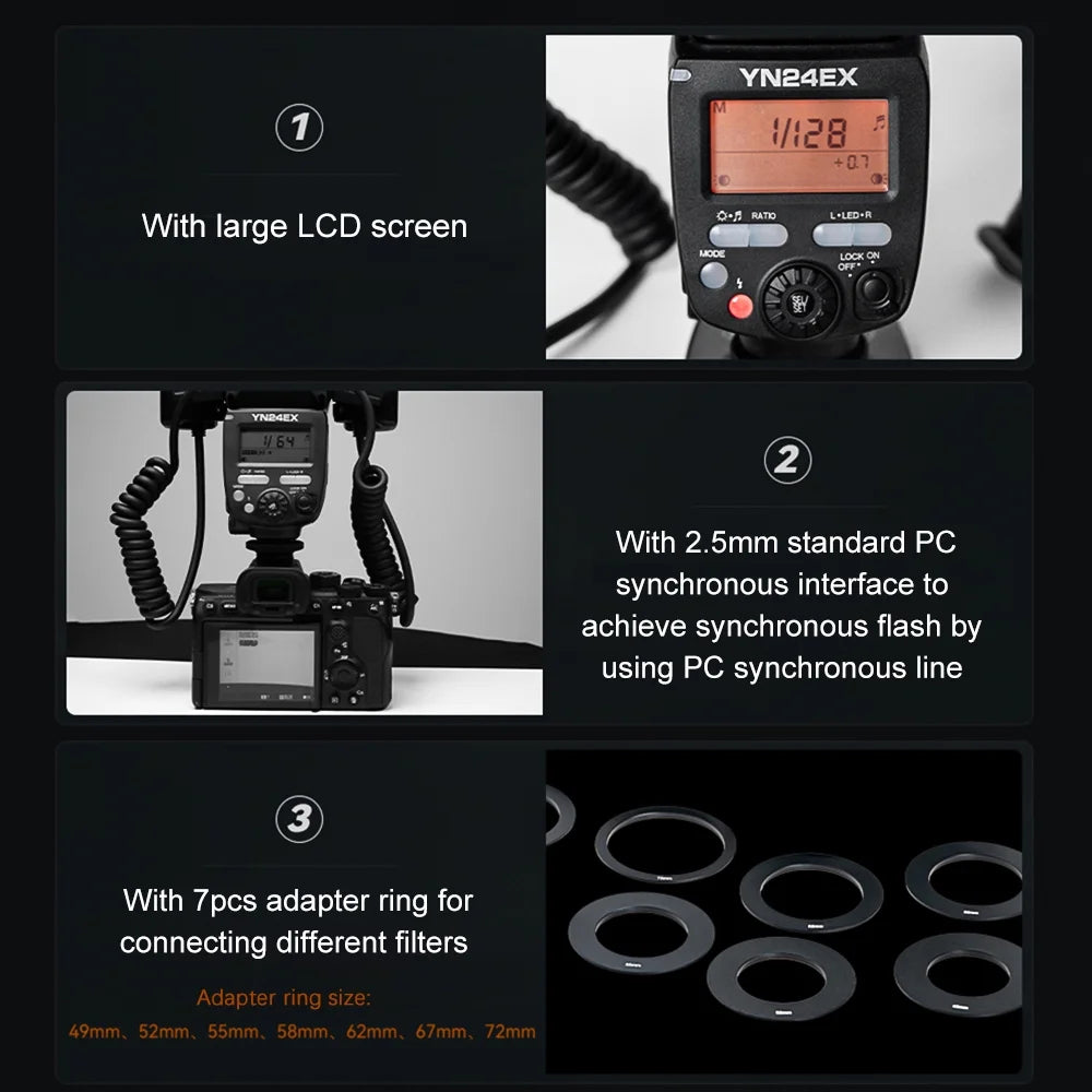 YONGNUO Flash lamp,A7III A7IV A6500 Dual Head 7pcs Adapter TTL Auto/Manual 5600K A7IV A7R III A7Size Time 7pcs Camera Sizepeedlite A9II A6600 A7C A9II A6300 A7R III lamp 3s Time ro Camera TTL