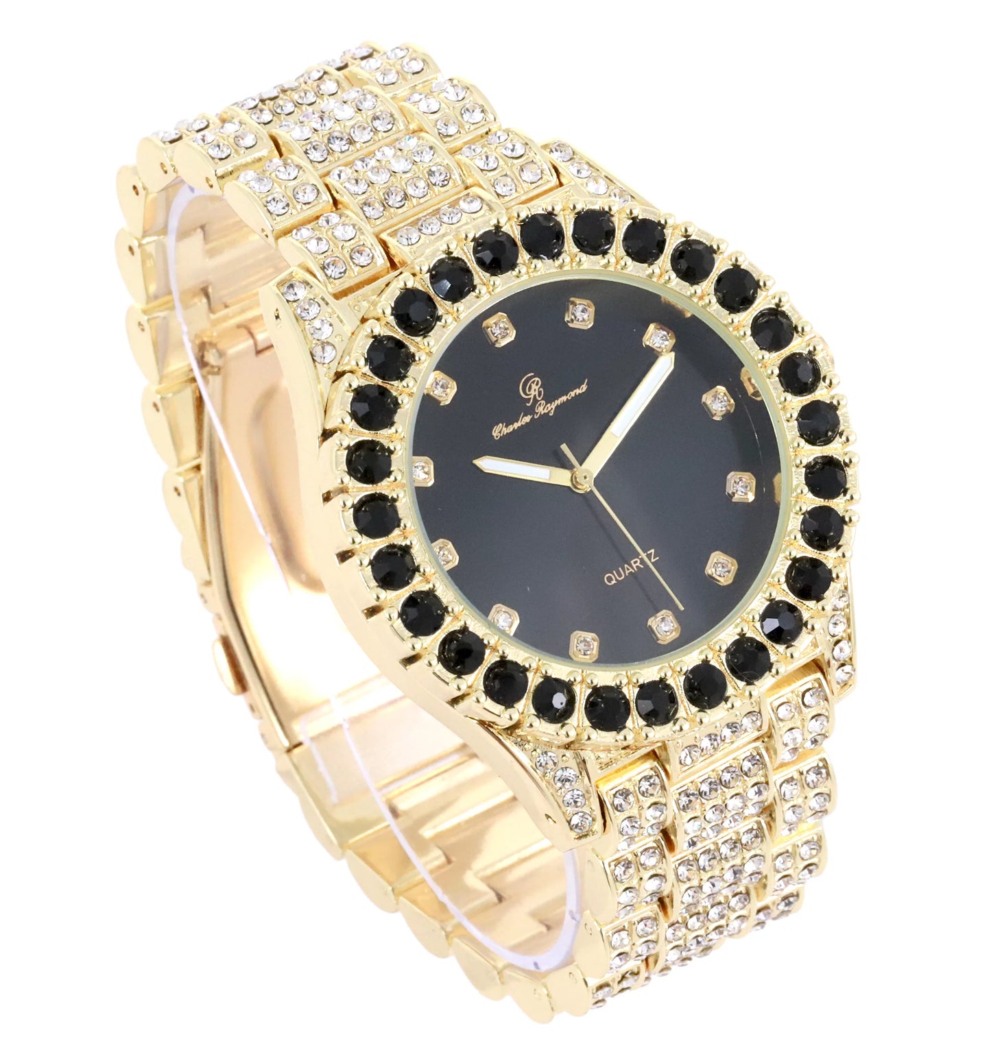 Charles Raymond Ice on Blast! Bling'ed Out Hip Hop Rolly Looks with Ice on Watch Trim and Band with Matching Zig Zag Bling'ed Out Necklace Sizeets - ZZ Necklace Sizeets(SizeT10327DX Gold - Black