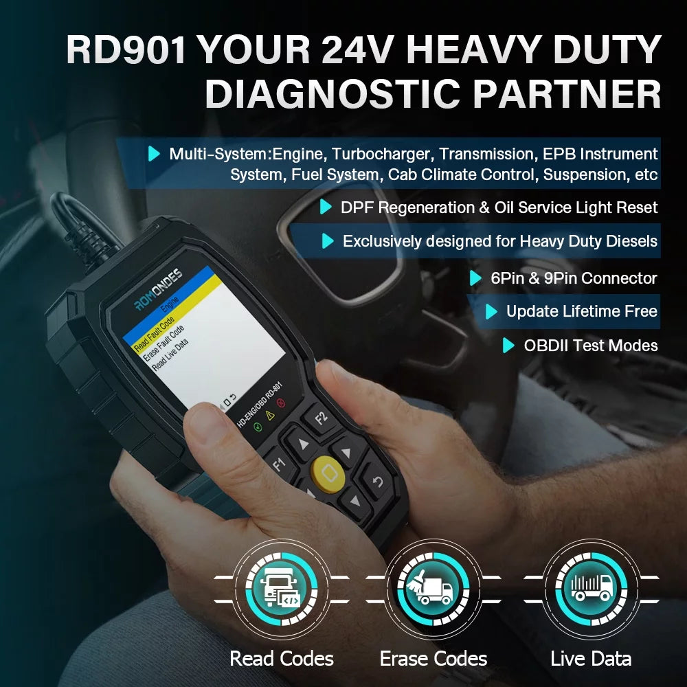 Romondes RD901 Heavy Duty Truck Sizecanner EOBD OBD2 Sizecan Tool HD OBD Diesel Sizecanner All Sizeystem Diagnostic Tool with DPF Oil Light Reset HD Heavy Duty Truck OBD Car  2 in 1 Code Reader