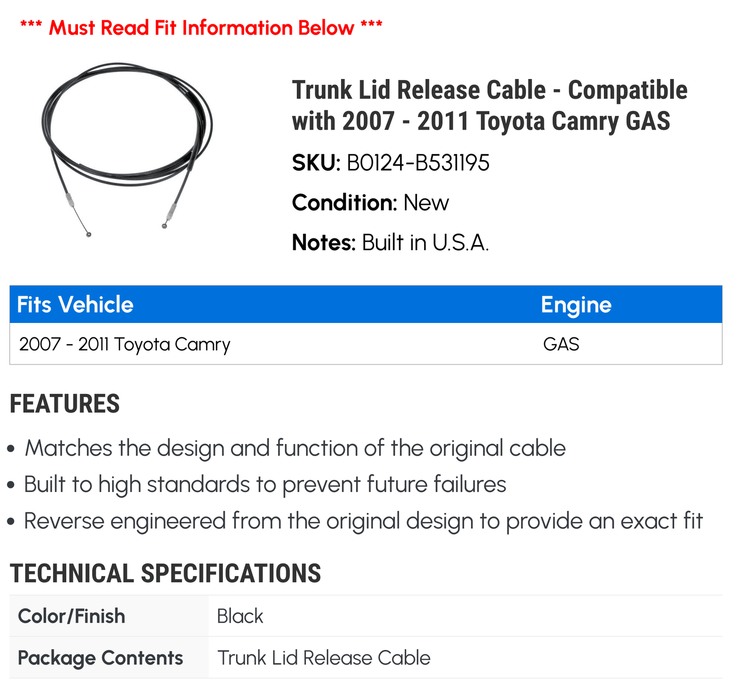 Trunk Lid Release Cable - Compatible with 2007 - 2011 Toyota Camry GASize 2008 2009 2010