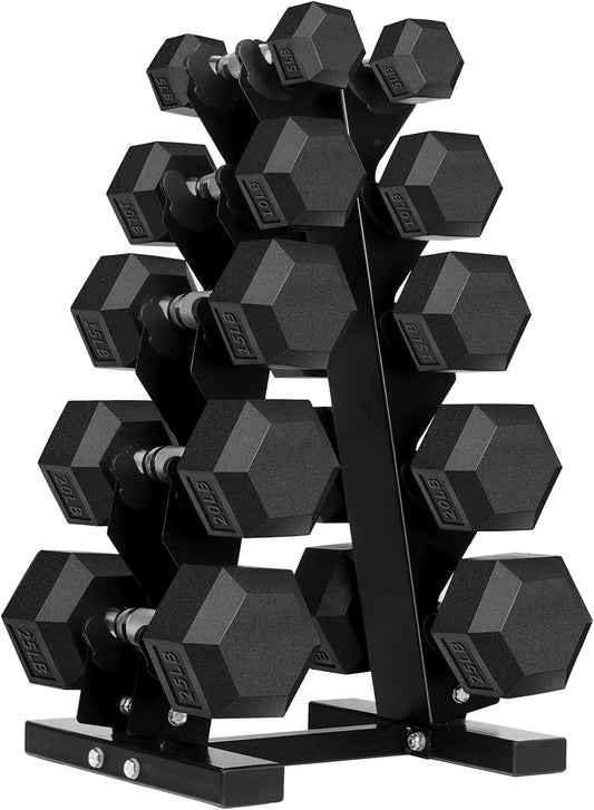 150 Pound Hex Dumbbell Sizeet with Rubber Coated Dumbbells and Rack