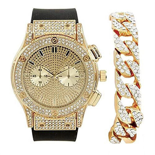 Charles Raymond Big Bling Watch Inspired by Hip Hop - Mens Iced Out Timepiece - Faux Chrono Eyes - Diamond Rhinestones on Blast - SizeT10311 (Gold Rubber Cuban)