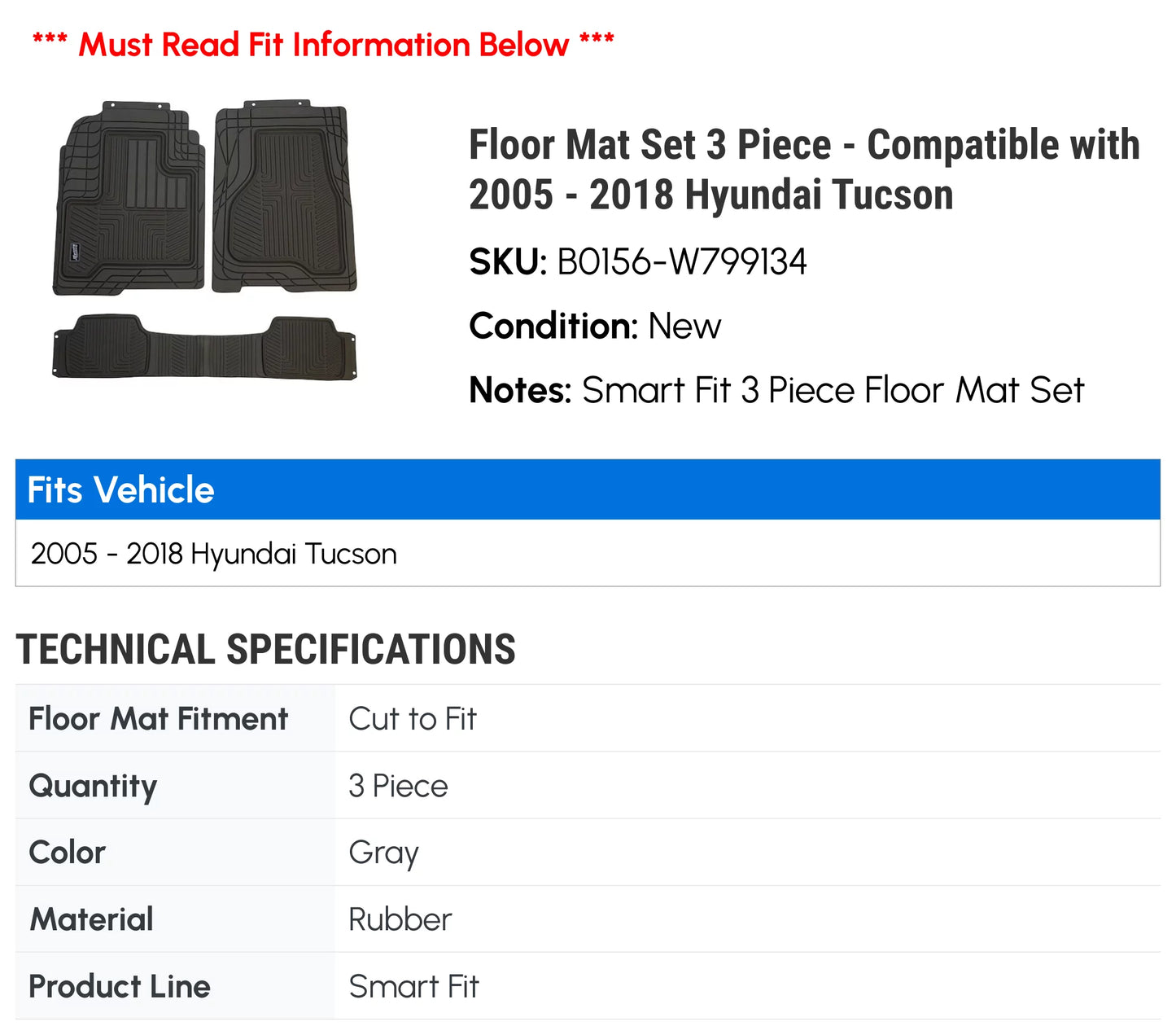 Floor Mat Sizeet 3 Piece - Compatible with 2005 - 2018 Hyundai Tucson 2006 2007 2008 2009 2010 2011 2012 2013 2014 2015 2016 2017