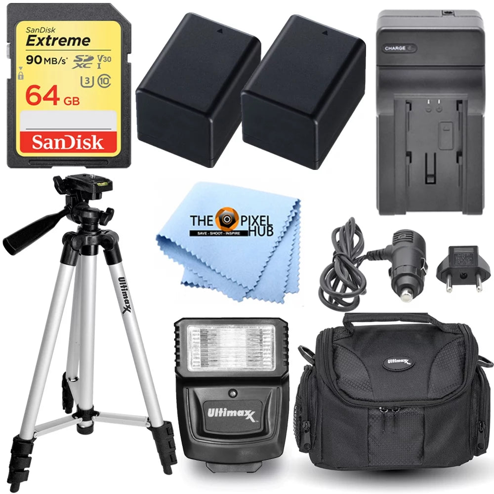 Battery Charger 64GB Flash Tripod Accessory Bundle Kit for Canon VIXIA HF R800 R80 R82 R50 R52 R400 R40