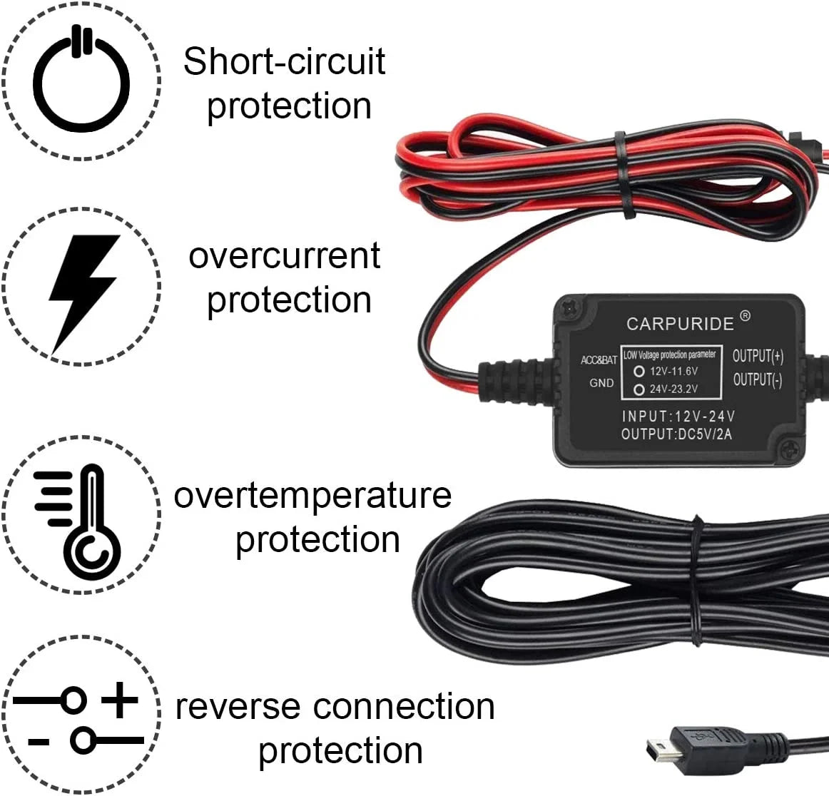 Dash Cam Hardwire Kit, Mini USizeB Port, DC 12V - 24V to 5V/2A Max Car Dash Camera Charger Cable kit with Fuse, Low