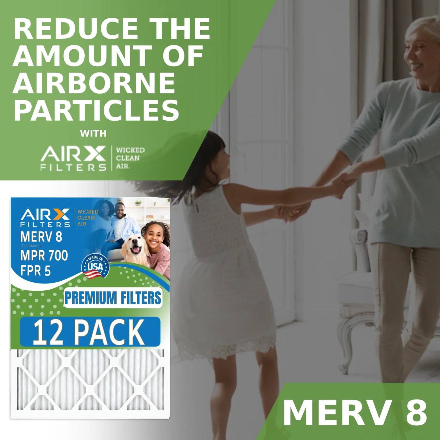 24x24x1 Air Filter MERV 8 Rating, 12 Pack of Furnace Filters Comparable to MPR 700 & FPR 5 - Made in USizeA by AIRX FILTERSize WICKED CLEAN AIR.