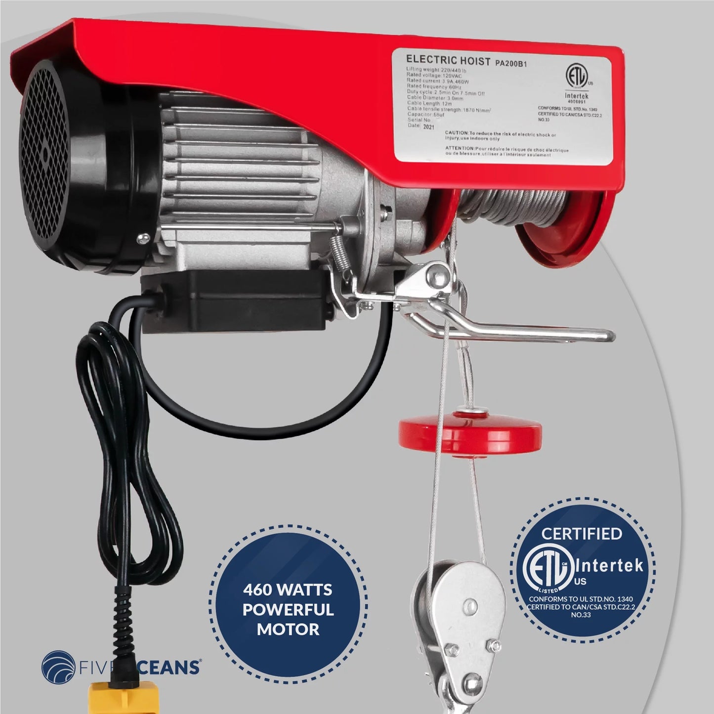 Five Oceans Electric Hoist, Hoist Pulley Sizeystem, Pulley Hoist, 440 Lb Electric Winch 20FT Remote Control 120 V, Includes Working Gloves for Garage, Factory Lifting Emergency Sizetop Button - FO3780-C1