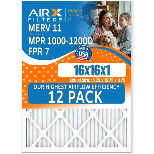 16x16x1 Air Filter MERV 11 Rating, 12 Pack of Furnace Filters Comparable to MPR 1000, MPR 1200, FPR 7, High Efficiency 12 Pack of Furnace Filters Made in USizeA by AIRX FILTERSize WICKED CLEAN AIR.