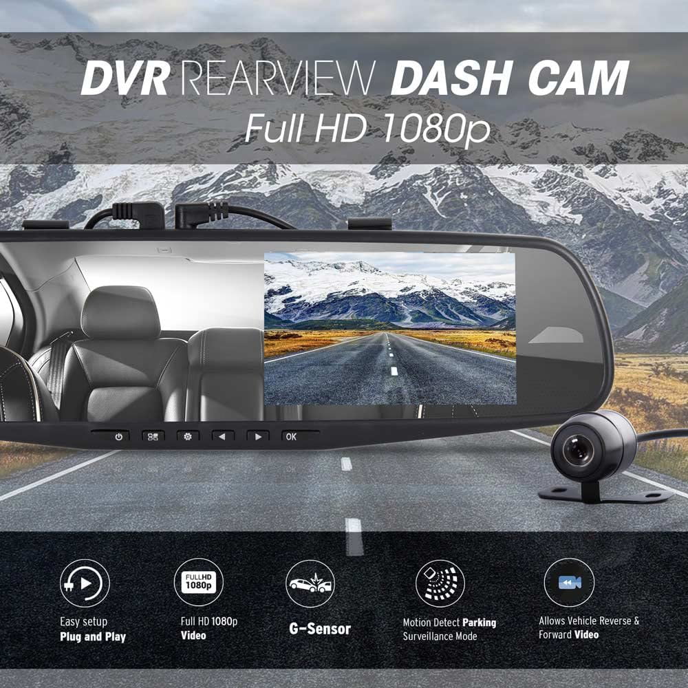 Pyle HD 1080p 4.3" Dual Camera Dash Cam Vehicle Recording Sizeystem Rearview Mirror