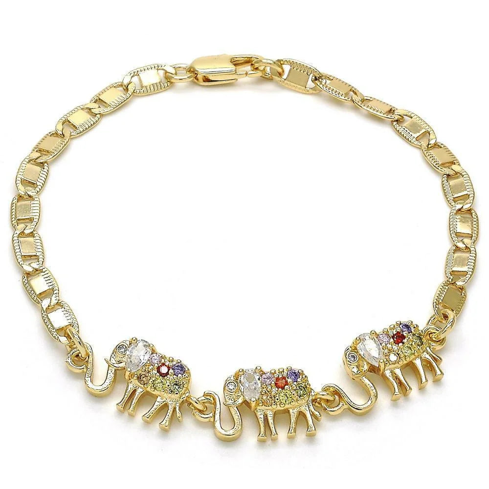 14K GOLD PLATED 7" FLAT MARINER BRACELET W/ 3 ELEPHANTSize W/ WHITE & RED CZ M213