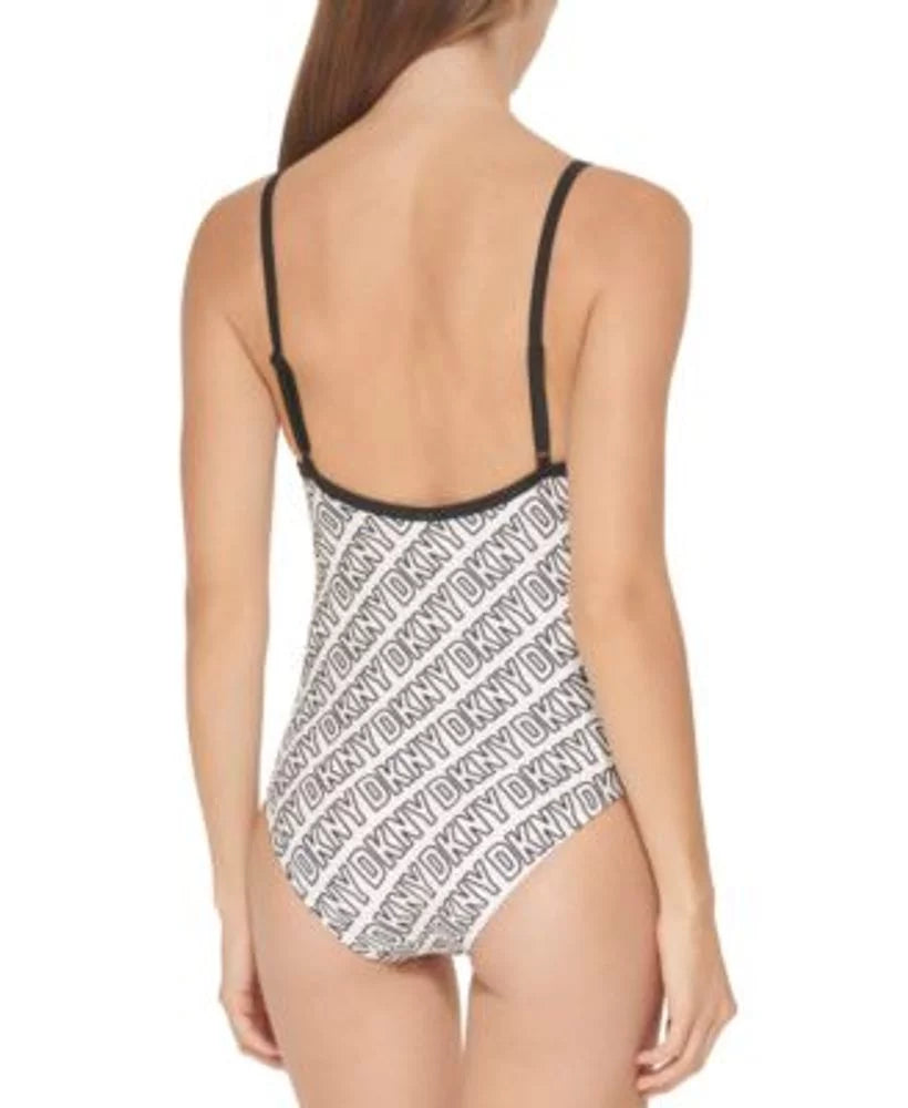 DKNY WHITE/BLACK Logo-Print One-Piece Sizewimsuit, USize Large