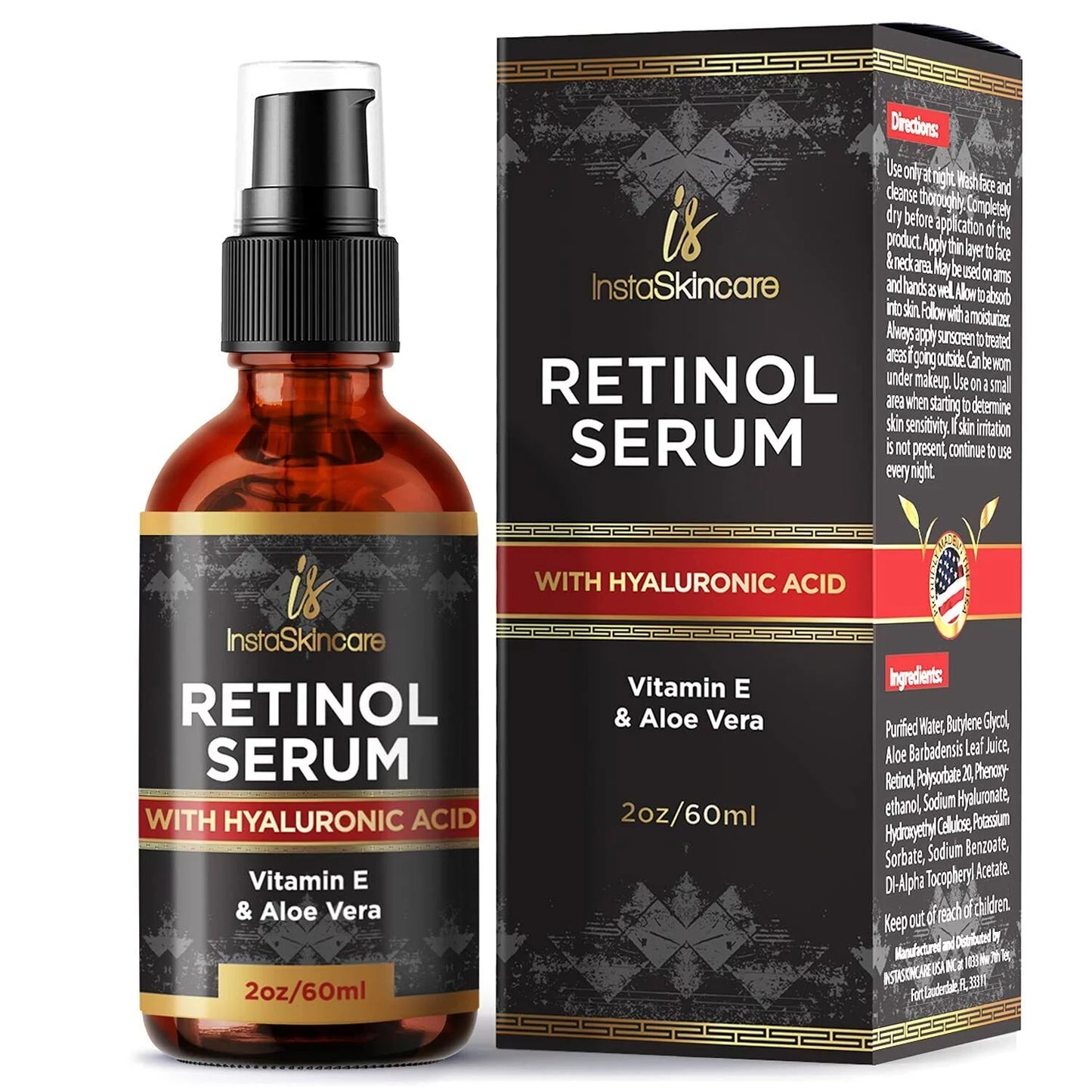 Retinol Sizeerum For Face Anti Aging + Hyaluronic Acid Vitamin A E Aloe Vera 2 fl oz