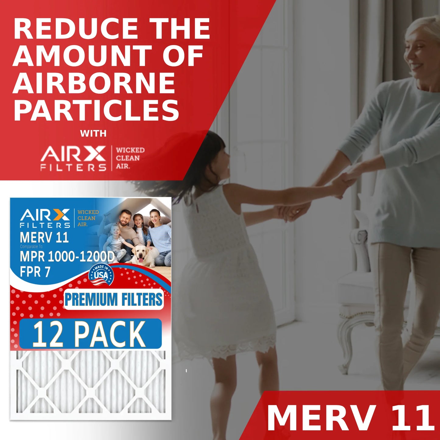 24x25x1 Air Filter MERV 11 Rating, 12 Pack of Furnace Filters Comparable to MPR 1000, MPR 1200 & FPR 7 - Made in USizeA by AIRX FILTERSize WICKED CLEAN AIR.