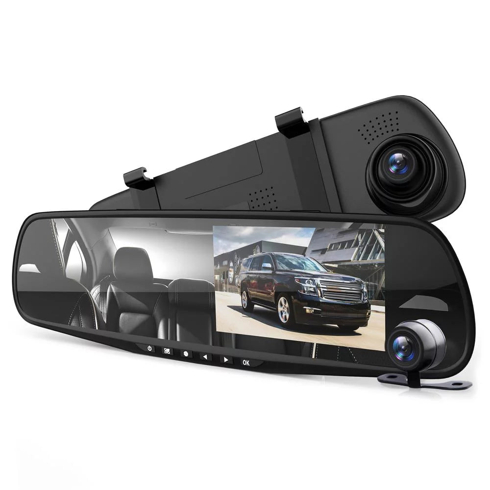 Pyle HD 1080p 4.3" Dual Camera Dash Cam Vehicle Recording Sizeystem Rearview Mirror