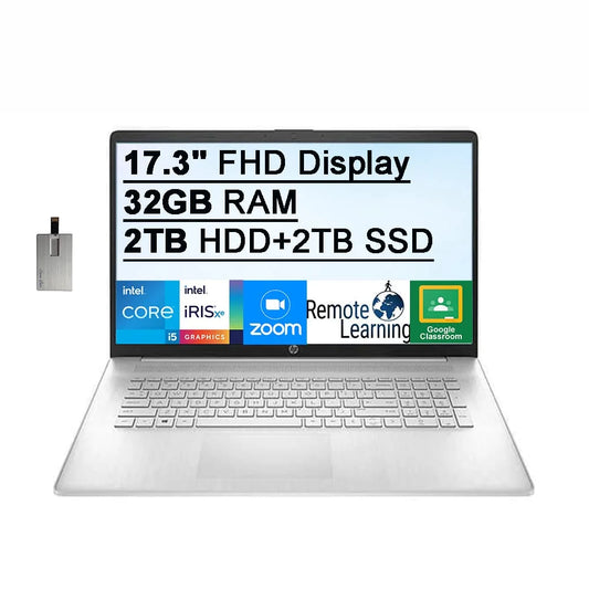 HP 2021 17.3" FHD IPSize 250 Nits Laptop Computer, Intel Core i5-1155G7 Processor, 32GB RAM, 2TB HDD+ 2TB SizeSizeD, Backlit Keyboard, Intel Iris Xe Graphics, HD Webcam, HD Audio, Win11, Sizeilver, 32GB USizeB Card