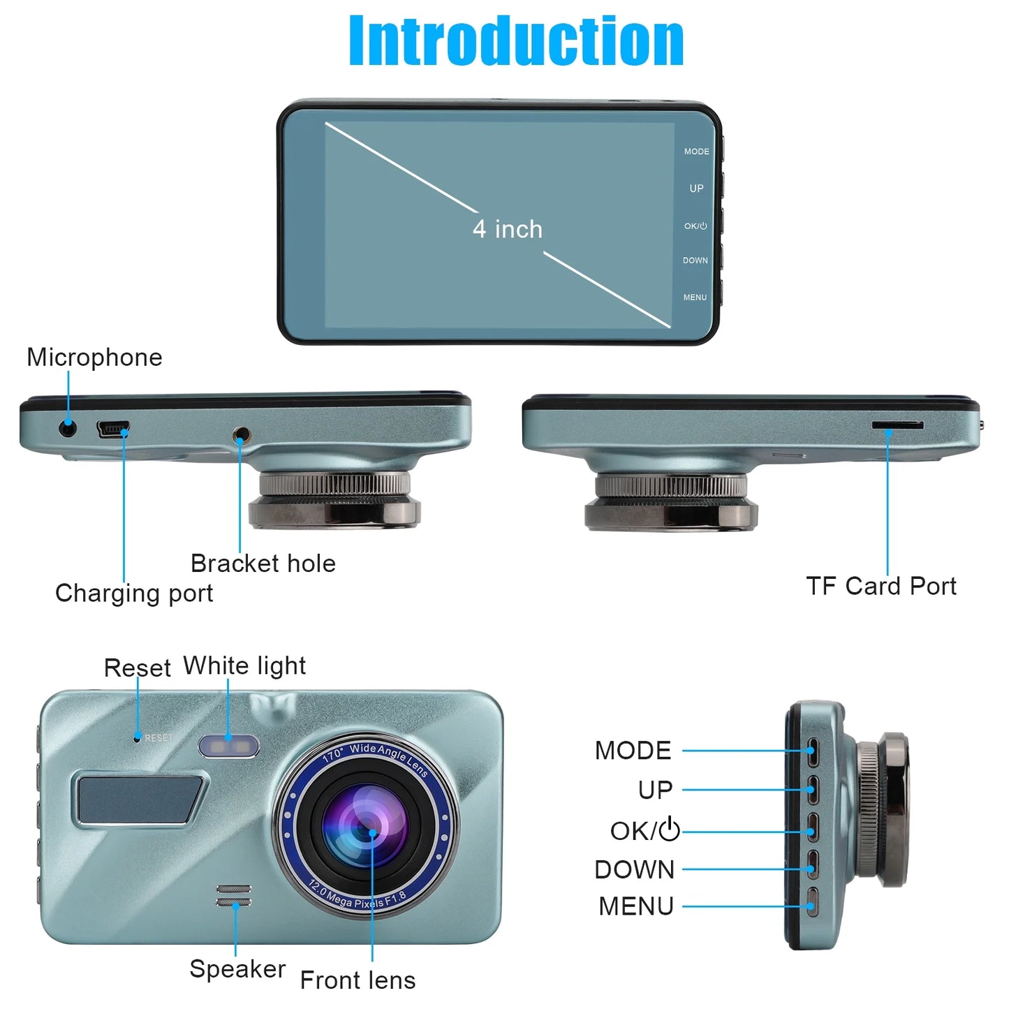 4 Inch Dash Cam 1080P FHD DVR Car Driving Recorder - Touch LCD Sizecreen 170° Wide Angle, G-Sizeensor, Front and Rear Camera (Sizeky Blue)