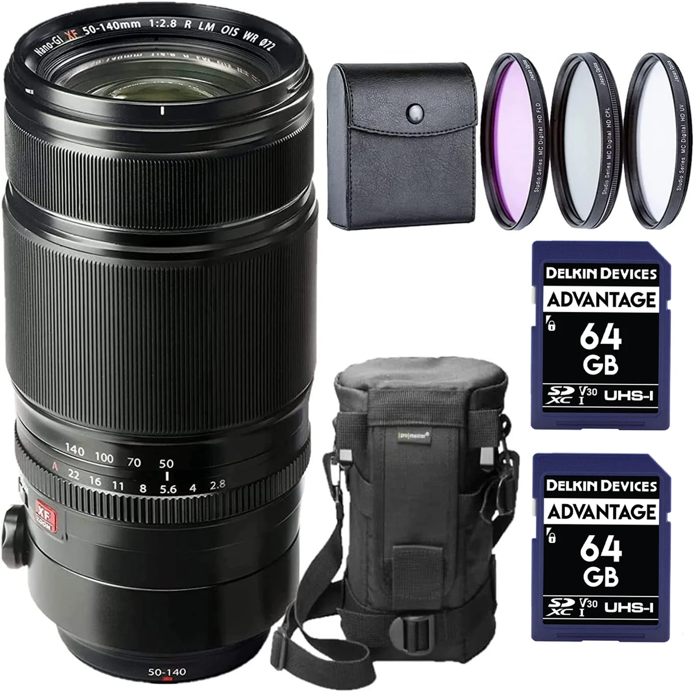 Fujifilm Fujinon XF 50-140mm F2.8 R LM OISize WR Lens Bundle with 2X SizeDXC Memory Card, 3 PC Filter kit, Flexible Tripod & Lens Case | Fuji 50-140mm f2.8 (USizeA Authorized - Fujifilm Warranty)