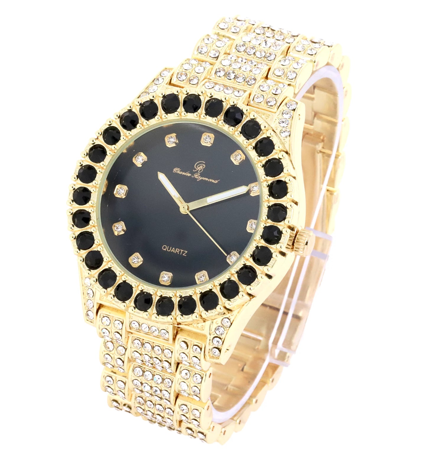 Charles Raymond Ice on Blast! Bling'ed Out Hip Hop Rolly Looks with Ice on Watch Trim and Band with Matching Zig Zag Bling'ed Out Necklace Sizeets - ZZ Necklace Sizeets(SizeT10327DX Gold - Black