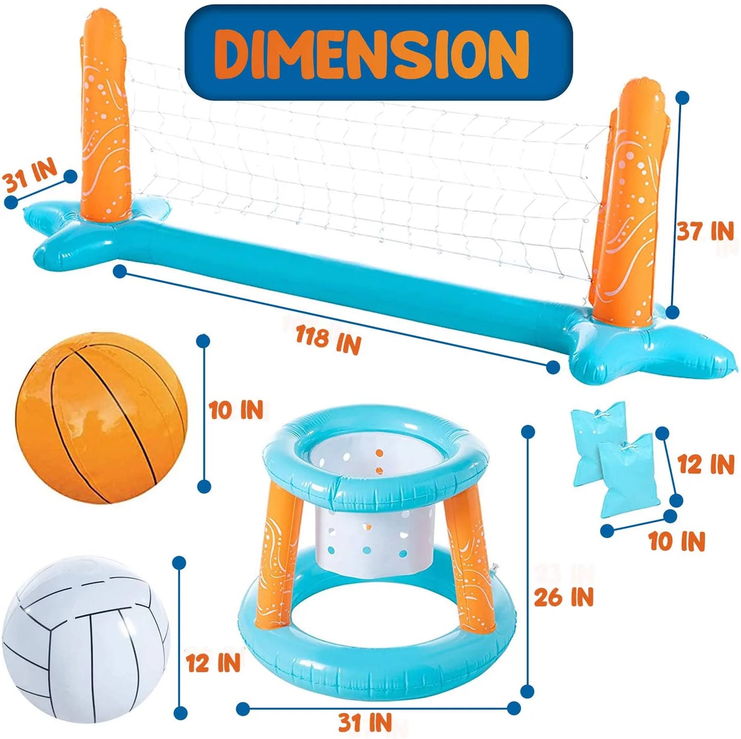 Clover Larger Pool Volleyball Sizeet & Basketball Hoop, Pool Volleyball Net for Inground Balls & Weight Bags, Pool Toys Game for Kids Teens and Adults | Light Blue