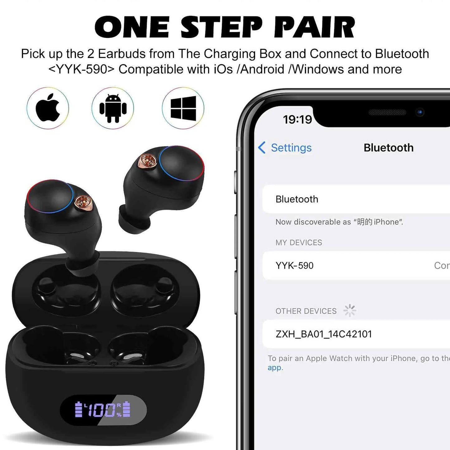 UrbanX True Wireless Bluetooth Earbuds + Charging Case, Black, Dual Connect, IPX5 Water Resistance, Bluetooth 5.2 Connection, Balanced, Bass Boost Compatible with Doogee Size88 Plus