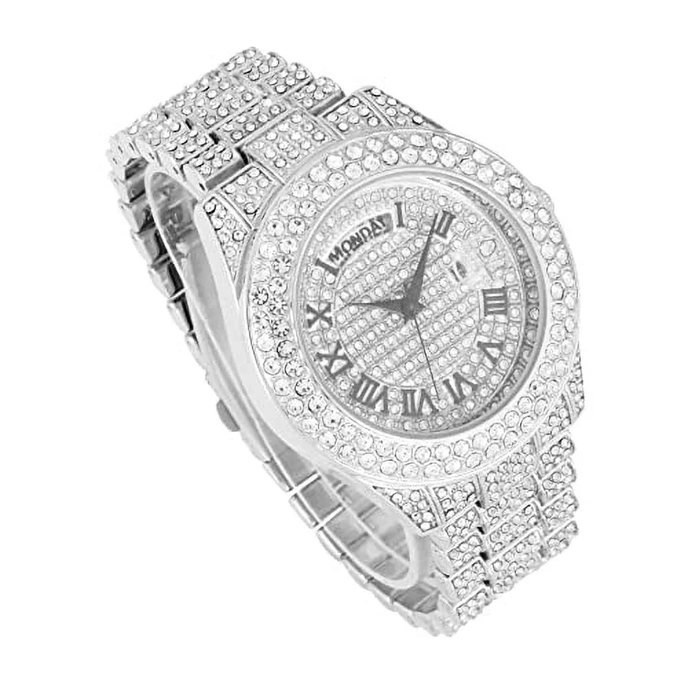 Charles Raymond Big Rocks Fully Iced Out Diamond Mens Watch w/Easy Read Date &Day and Colorful Dials- Designer Hip Hop Blinged Out Timepiece - SizeT10535 (SizeT10535-RN Sizeilver)