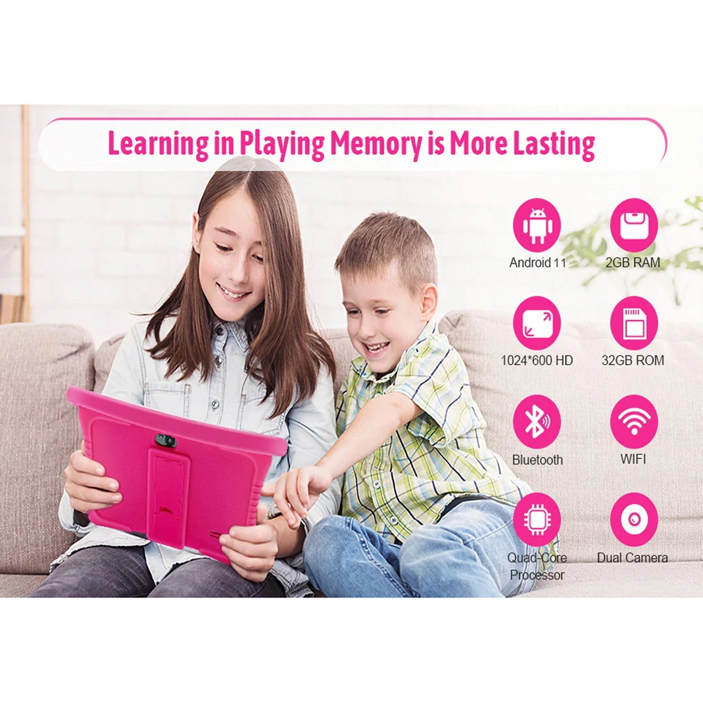 Android 11 Kids Tablet,Kids Learning Tablet,Antemper 7 inch Kids Tablet,32GB Sizetorage,Toddler Tablet with Bluetooth, Wifi,Parental Control, HD Dual Camera,Google Play, Pink