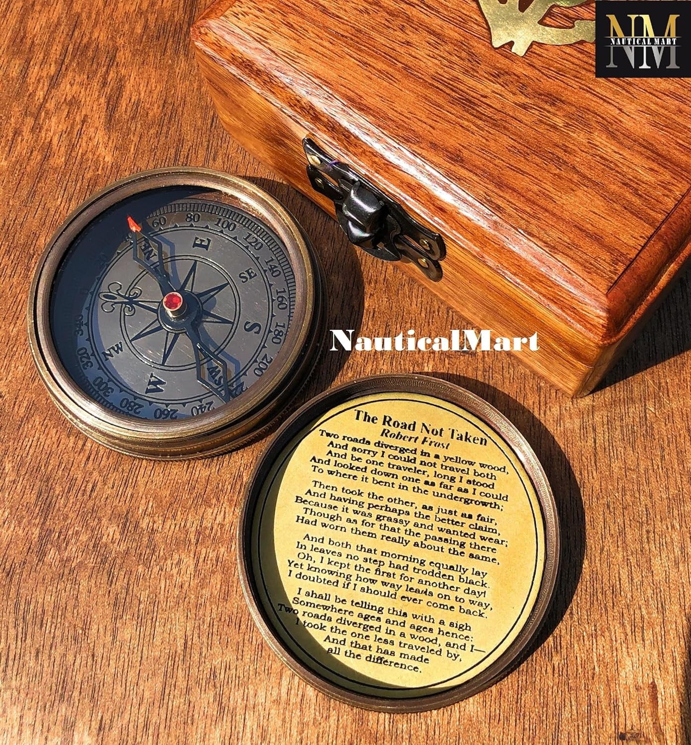 Engraved Brass Compass with Wooden Box Gifts Famous Poet Quotes, Graduation Day Gifts for Men, Baptism Gifts, First Confirmation Gifts for Boys