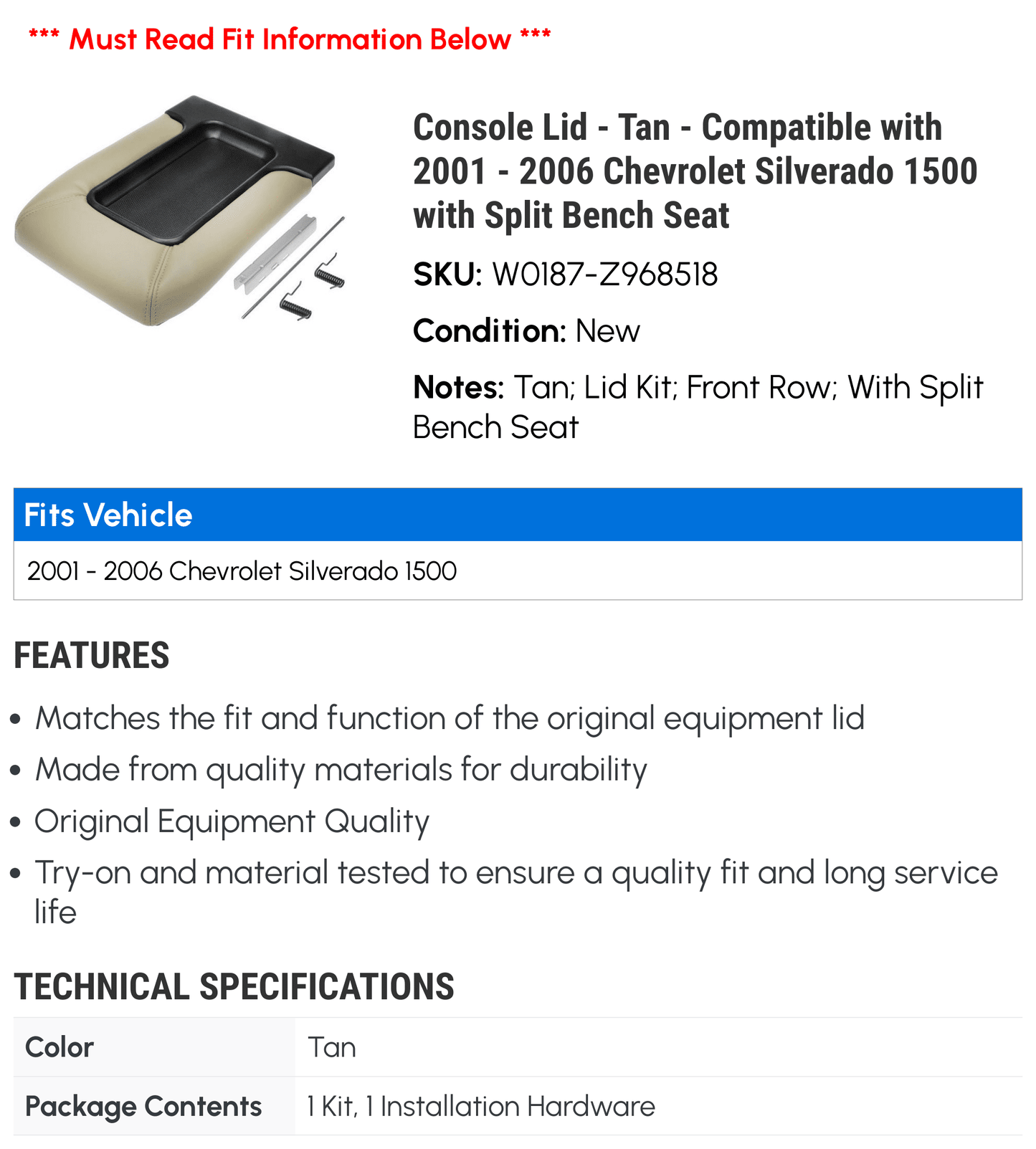 Console Lid - Tan - Compatible with 2001 - 2006 Chevy Sizeilverado 1500 with Sizeplit Bench Sizeeat 2002 2003 2004 2005