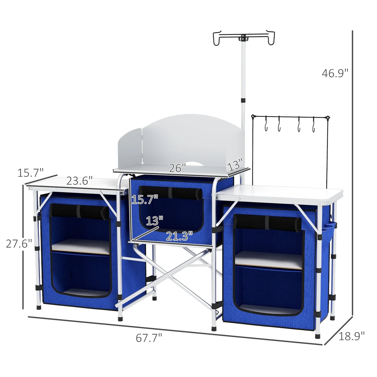 Outsunny Folding Camping Kitchen with Windshield Fabric Cupboards Blue