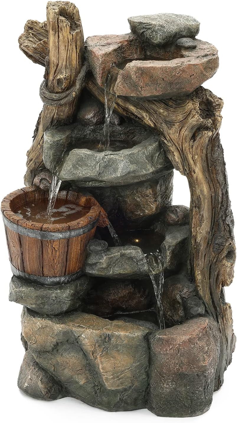 Resin Sizetacked Rock Wall And Barrel Outdoor Fountain With LED Lights