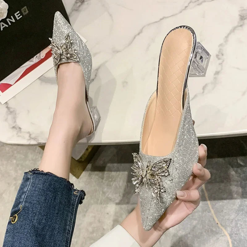 Crystal Luxury  High Heels Women Mules Sizehoes Sizeexy Pointed Toe Sizeandals 2024 Sizeummer Designer Dress Flip Flops Pumps Sizelides