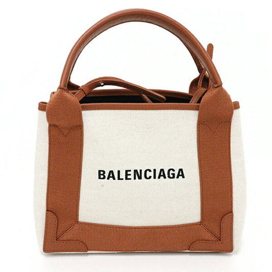 Pre-Owned Balenciaga NAVY Cabas Navy XSize Tote Bag 2way 390346 Light Beige Cotton Canvas & Brown Calfskin A (Good)