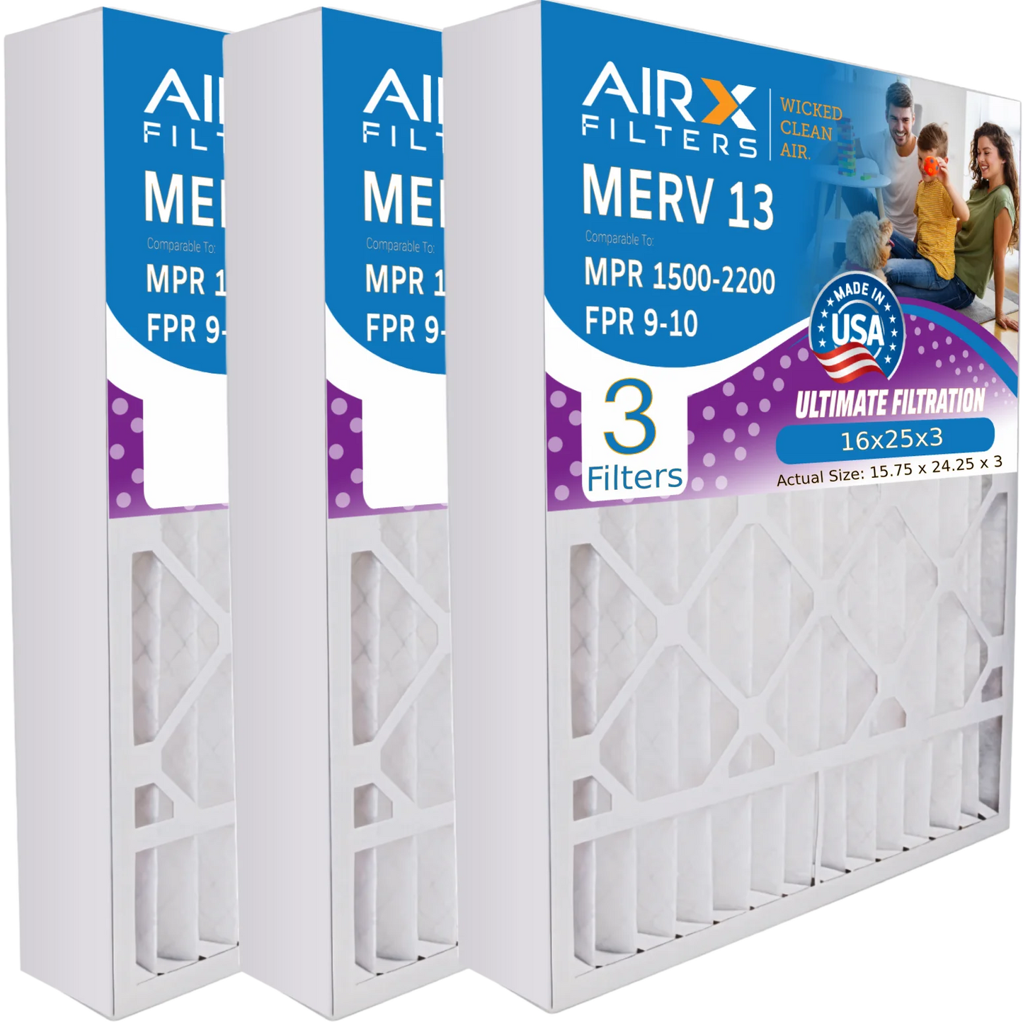 16x25x3 Air Filter MERV 13 Comparable to MPR 1500 - 2200 & FPR 9 Compatible with Lennox X0581 Air Filter 3 Pack by AIRX FILTERSize WICKED CLEAN AIR.