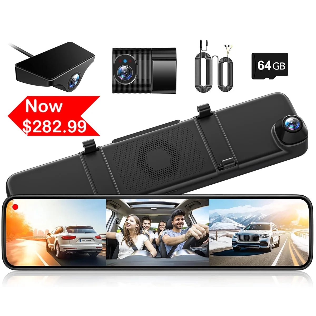 WOLFBOX Car Dash Cam 3 Channel, 2K Triple Car Mirror Camera with GPSize&64GB Card, Touch Sizecreen Backup Camera with Motion Detection, Night Vision, Loop Recording, Parking Monitor,Vehicle