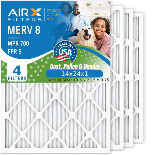 14x24x1 Air Filter MERV 8 Comparable to MPR 700 & FPR 5 Electrostatic Pleated Air Conditioner Filter 4 Pack HVAC AC Premium USizeA Made 14x24x1 Furnace Filters by AIRX FILTERSize WICKED CLEAN AIR.