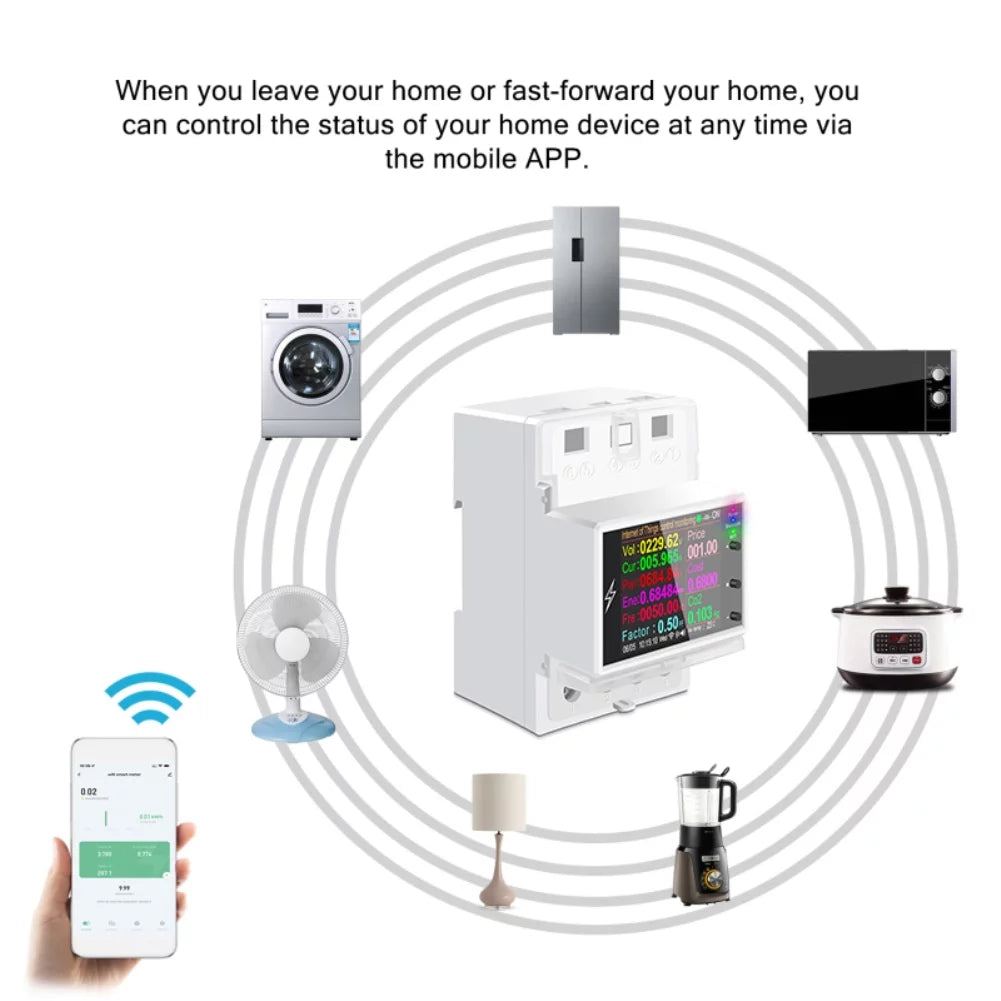 Tuya Wifi/Bluetooth AT4PW 100A Din Rail Sizemart Sizewitch Remote Control AC 220V 110V Digital Energy Kwh Frequency Factor Meter