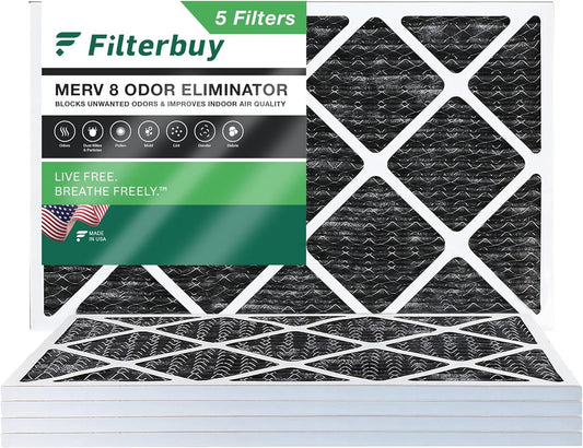 Filterbuy 14x25x1 MERV 8 Odor Eliminator Pleated HVAC AC Furnace Air Filters with Activated Carbon (5-Pack)