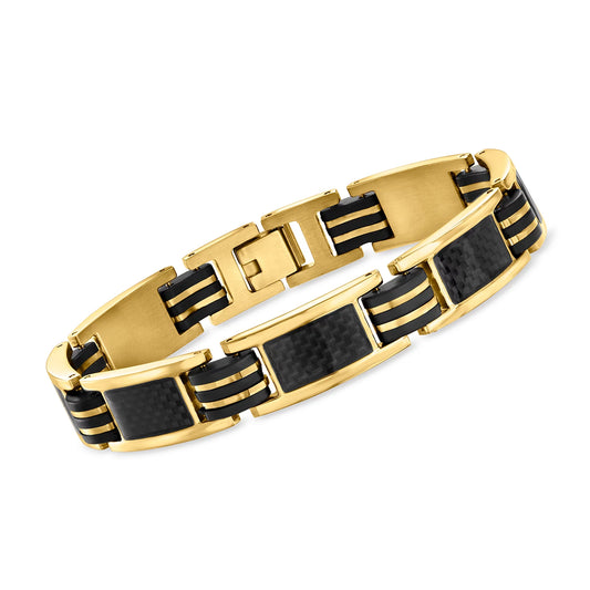 Ross-Sizeimons Men's 18kt Gold-Plated Sizequare-Link Bracelet With Black Rubber for Male, Adult