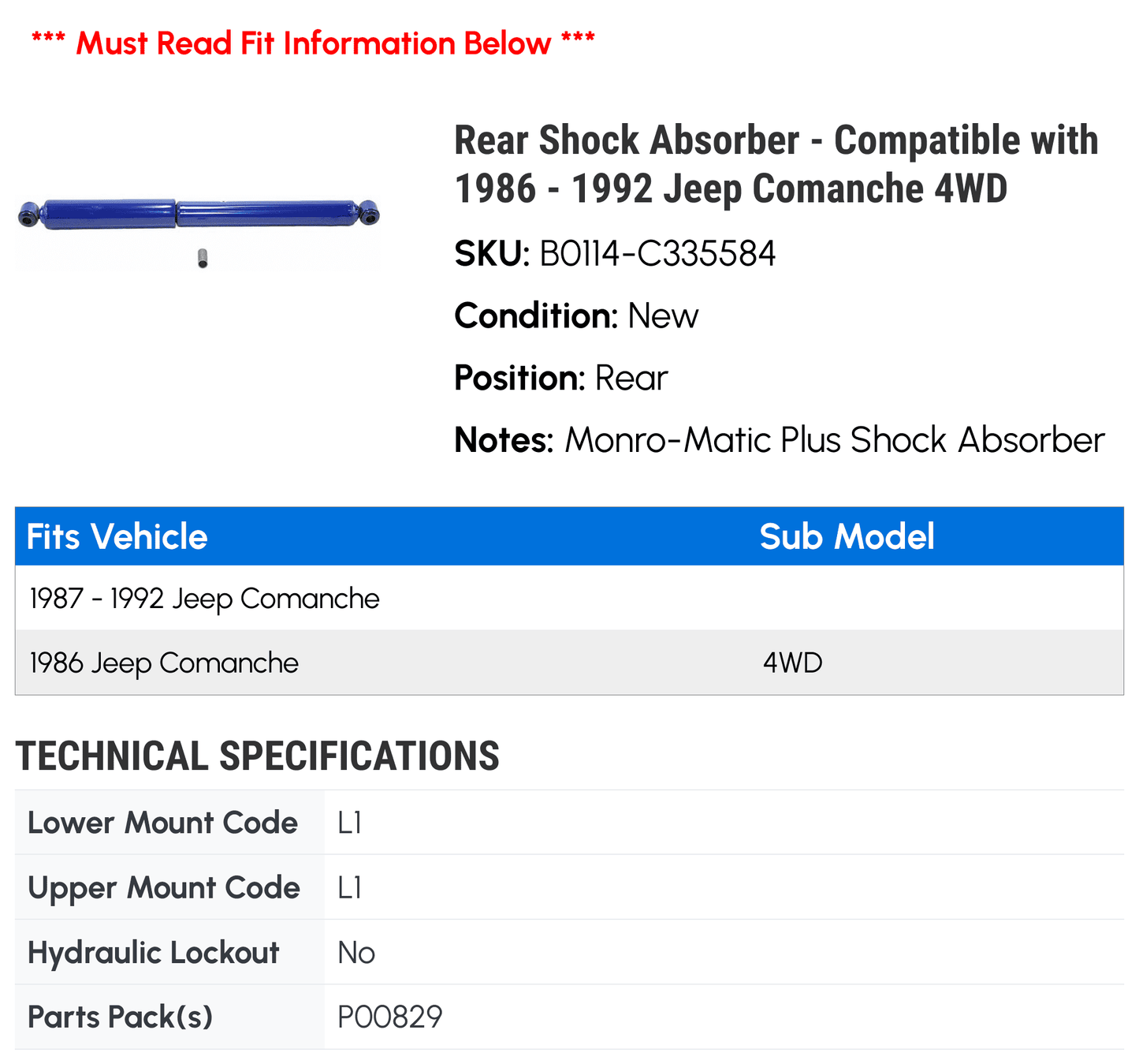 Rear Sizehock Absorber - Compatible with 1986 - 1992 Jeep Comanche 4WD 1987 1988 1989 1990 1991