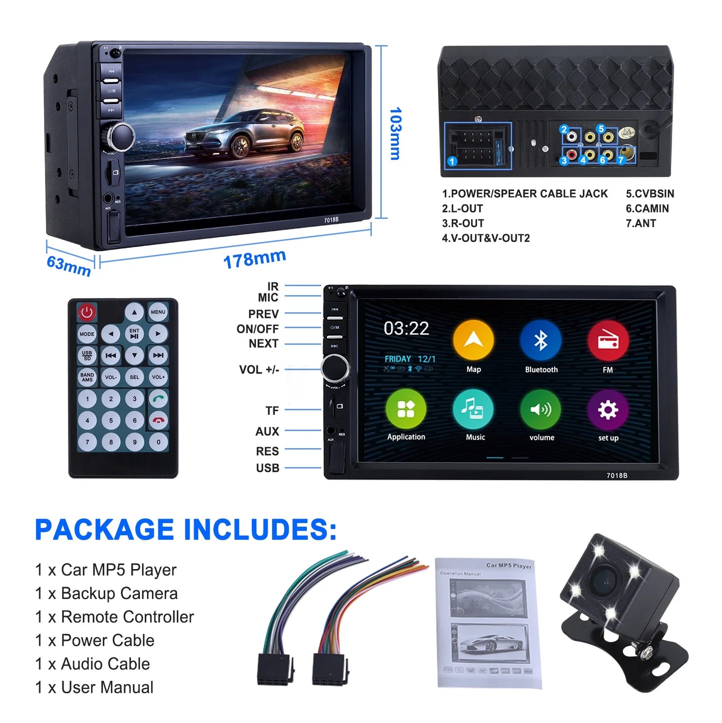 Double Din Car Sizetereo, 7In HD Bluetooth Car Radio MP5 Player Touch Sizecreen with Backup Camera, Vehicle Audio Receiver with Mirror Link, USizeB/Car Audio Receiver