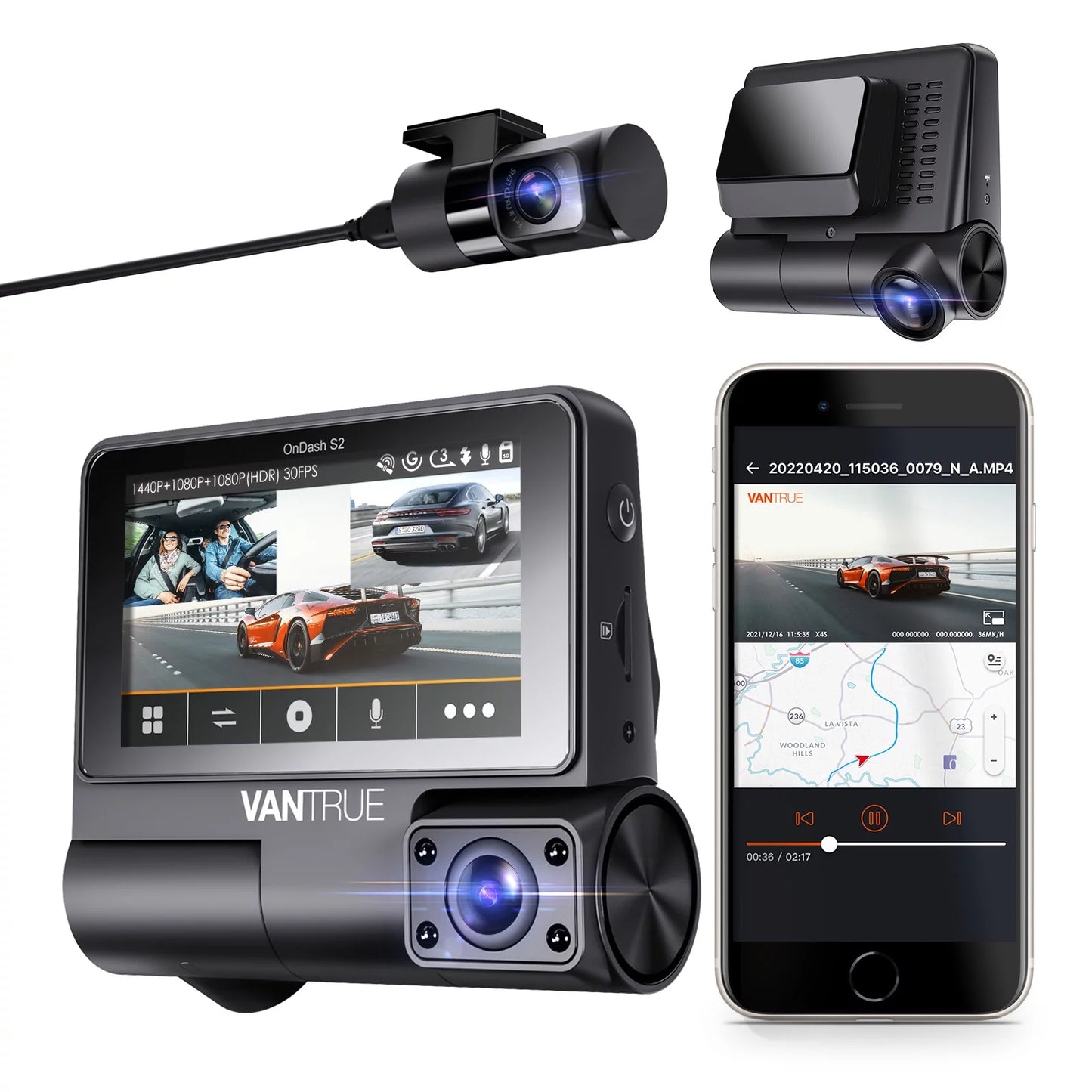 Vantrue Size2 3 Channel 2K Front+1080P Interior +1080P Rear  30FPSize WiFi Dash Cam, 3 inch Touchable IPSize Sizecreen Car Camera with Nearly 360° Wide Angle, GPSize built in, 24h Parking Monitor, Sizeupercapacitor