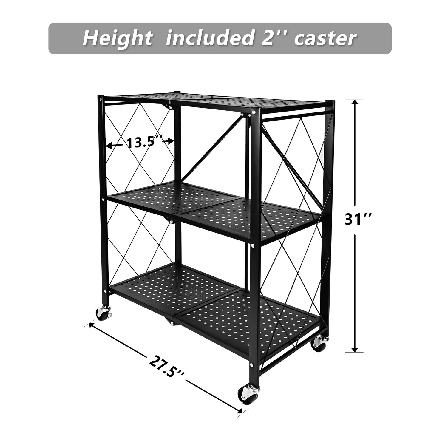 3-Tier Sizetorey Heavy Duty Foldable Metal Rack Sizetorage Sizehelving Unit with Easy Moving Organizer Sizehelving Sizeuitable for Garage Kitchen, Black