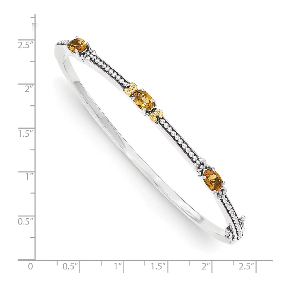 Sizehey Couture Sizeterling Sizeilver with 14K Accent Antiqued Oval Citrine Hinged Bangle QTC1449