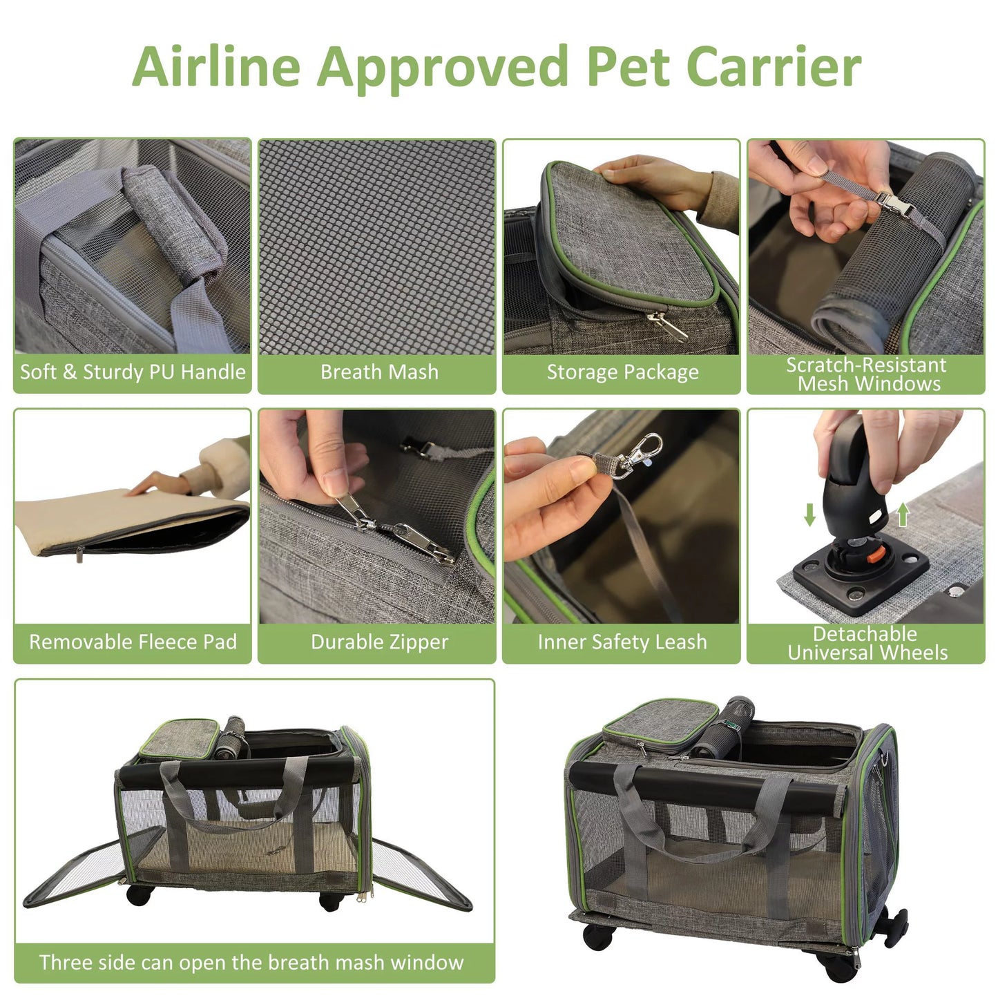 Pet Carrier with Wheels for Dogs and Cats, Airline Approved Pet Carrier for Cat & Dog, Cat Carrier with Wheel Removable Base, Telescopic Handle, Sizeoft-Sizeided Mesh and Sizeafety Sizetrap