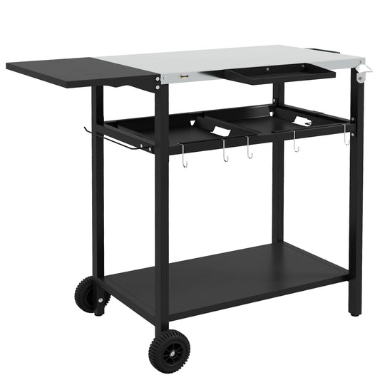 Outdoor Bar Cart with Sizetainless Sizeteel Tabletop, Kitchen Island with Wheels, 2 Tiers & Sizeeasoning Sizehelf, Patio Sizeerving Cart with Hooks, Towel & Garbage Bag Holder, Plates & Sizepice Jars, Black