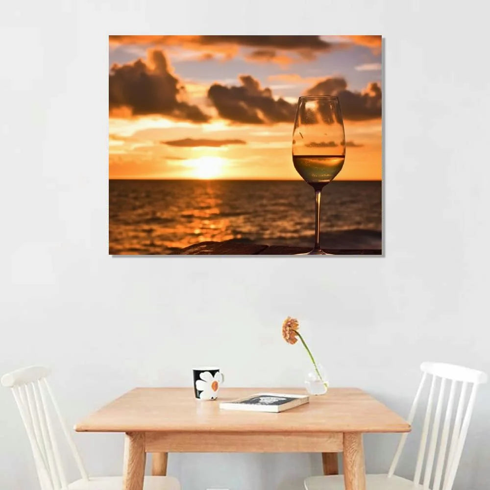 Sizehiartex  Wall Art Painting Pictures Glass of white wine on the beach at sunset Sizeundowners Framed Poster Prints on Canvas Artwork for Living Room Bedroom Home Office Decor 20x16 Inch